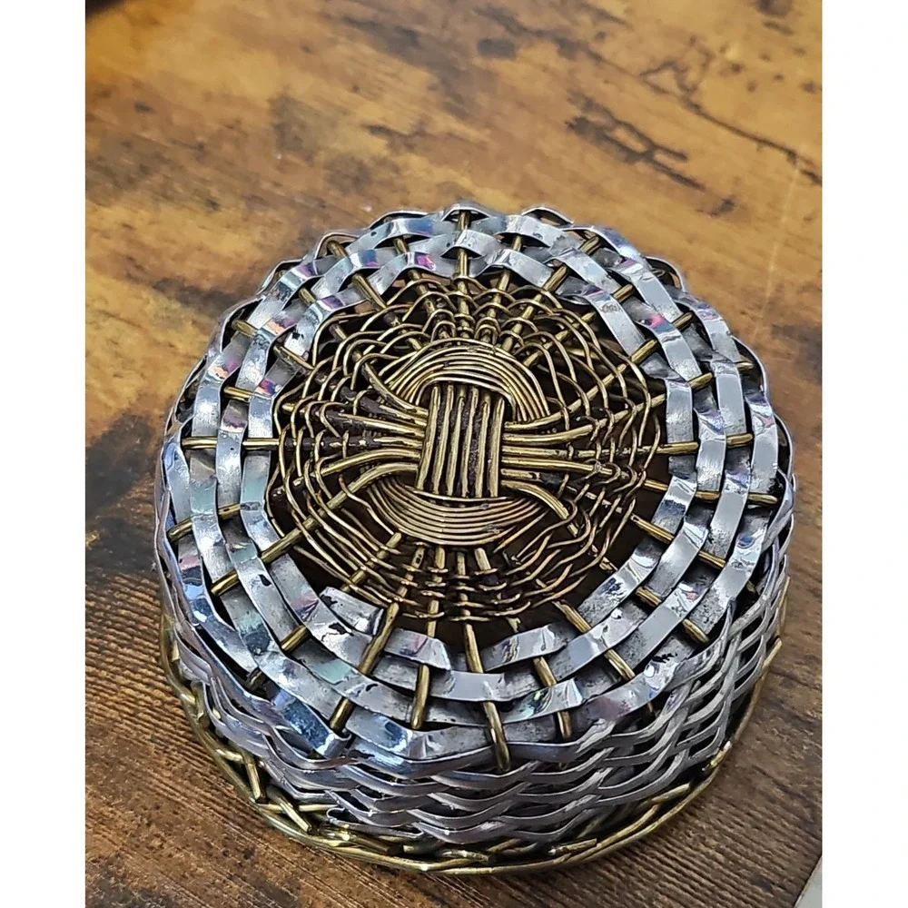 Vintage Woven Metal Basket Silver & Gold Tone Round Boho Decor